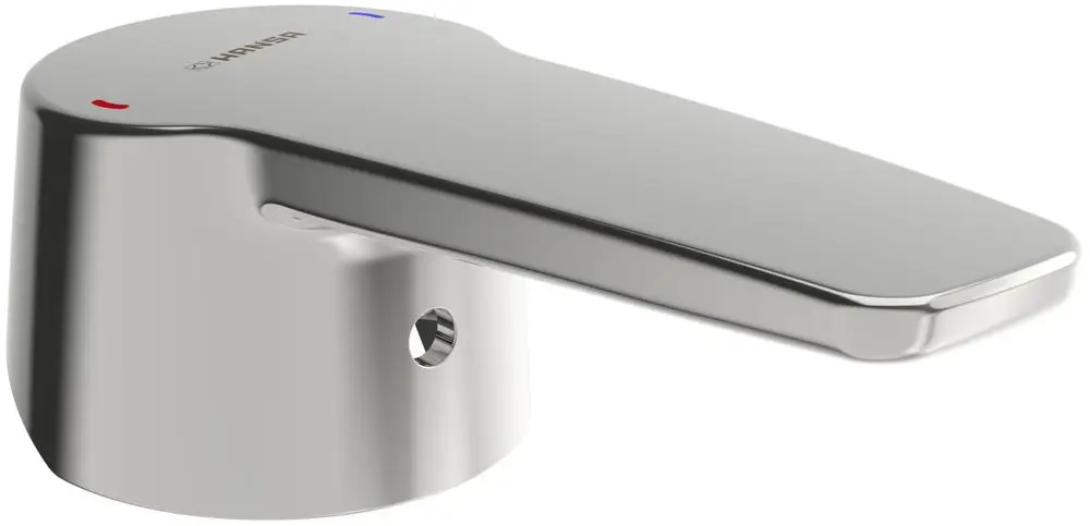 Hebel von HANSA in Chrom-Optik, mit seitlichen Markierungen für heiße und kalte Wasseranpassung, für den Einsatz in Badezimmer- oder Küchenarmaturen.